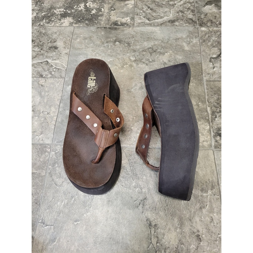 Tilt Platform Sandals Brown Leather Studded Wedge Flip‎ Flops Size 8 90s Y2K